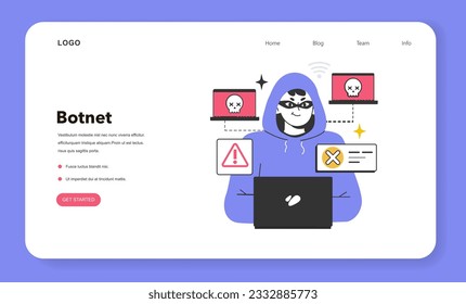 Botnet web banner or landing page. Network of computers infected with malware. bot-herder or hacker infects computer with a virus usinf bots. Flat vector illustration