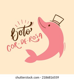 Boto Cor-De-Rosa. Botón rosado. Creatura fantástica del folclore brasileño. Calligrafía brasileña de letras a mano portuguesa. Vector. Leyendas y cuentos brasileños.