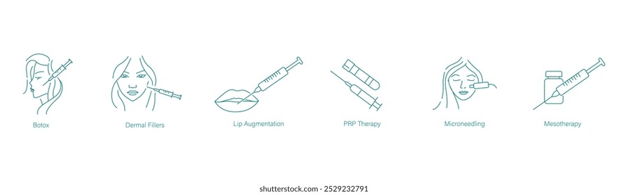 Botox, Preenchimentos dérmicos, Aumento dos lábios, Tratamento PRP, Microneedling e Mesotherapy Icon Set para Beleza Avançada e Rejuvenescimento da Pele