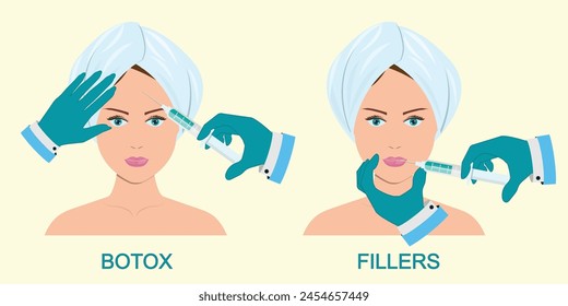 Botox and fillers injection to anti-aging skin care. In which case to apply Botox and in which fillers. Anti-aging conceptual vector illustration.