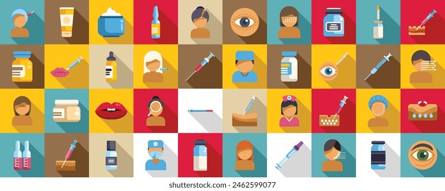 Botox flat vector icons. A collection of medical icons and symbols. The image is a collage of various medical items and people, including a nurse, a doctor, and a syringe