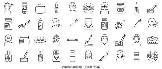 Botox outline vector icons. A collection of medical icons including a syringe, a bottle, a person with a bandage, and a person with a stethoscope