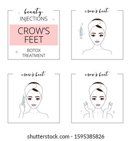 Botox treatment, beauty injections, crowns feet step by step.