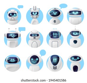 Bots, chat robots or chatbot icons, vector virtual AI of service support. Chat bot icons with message bubbles and smile faces, digital messenger, smart assistance and service center communication