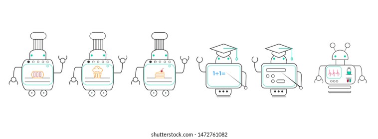 bots for cooking teaching and medical chats. Flat design lineart