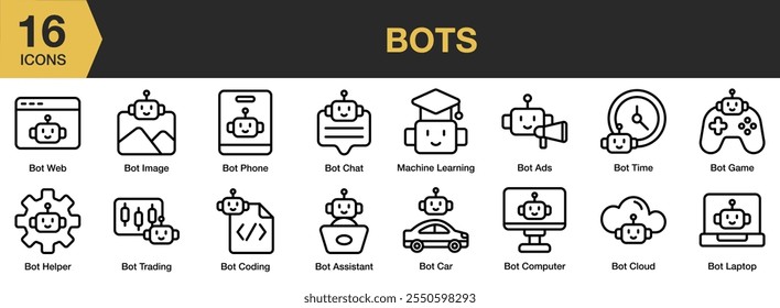 Conjunto de ícones Bots. Inclui Web, imagem, telefone, bate-papo, aprendizado, negociação, codificação, auxiliar e muito mais. Contornar coleção de vetores de ícones.