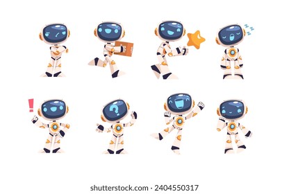 Bots mascot. Chatbot service characters, personal assistant robots with digital screen, cute android bot game stickers set computer ai technology cartoon classy vector illustration of bot robot mascot