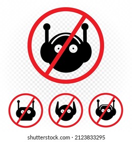 Bots prohibited sign symbol icon set isolated on gray background. No bot label sticker. Bots are not allowed. Chatbot ban