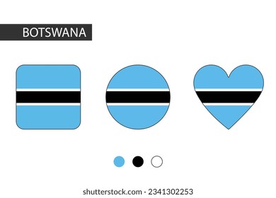 Botswana 3 shapes (square, circle, heart) with city flag. Isolated on white background.