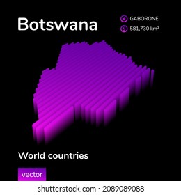 Mapa 3D de Botsuana. Vector de neón isométrico estilizado a rayas Mapa de Botsuana está en colores violeta y rosa