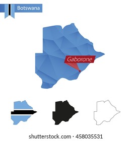 Botswana blue Low Poly map with capital Gaborone, four versions of map. Vector Illustration.