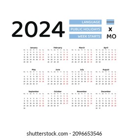 Botswana Calendar 2024. Week starts from Monday. Vector graphic design. English language.