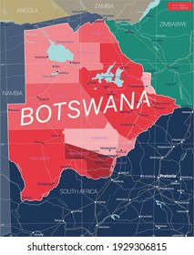 Botswana country detailed editable map with regions cities and towns, roads and railways, geographic sites. Vector EPS-10 file