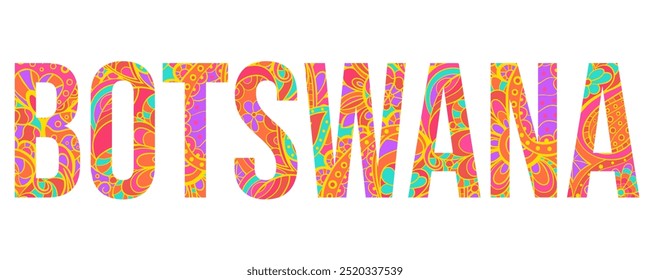 Botswana creative country name text design filled with colorful doodle pattern	