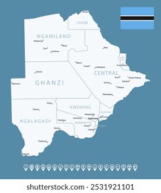 Botsuana - mapa detalhado do país com cidades e regiões. Ícones infográficos. Ilustração vetorial.