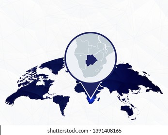 Botswana detailed map highlighted on blue rounded World Map. Map of Botswana in circle.