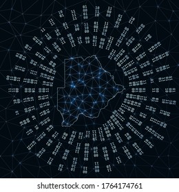 Botswana digital map. Binary rays radiating around glowing country. Internet connections and data exchange design. Vector illustration.