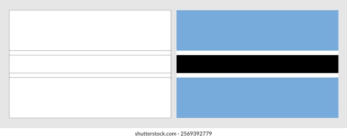 Botswana flag - coloring page. Set of white wireframe thin black outline flag and original colored flag.