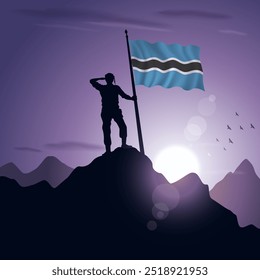 Bandeira de Botsuana içada em um pico de montanha com um pôr do sol roxo no fundo, ilustração vetorial