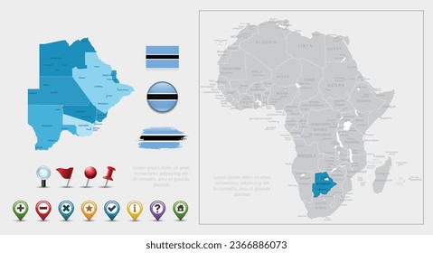 Botswana flag, map and navigation icons. Vector illustration set