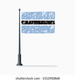 Botswana flag with scratches, vector flag of Botswana on flagpole with shadow.