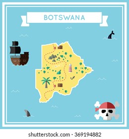 Botswana flat treasure map. Colorful cartoon treasure map of Botswana with flat icons of pirate ship, jolly roger, treasure chest and banner ribbon. Flat design vector illustration.