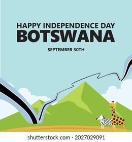Botswana independence day vector illustration with the bright scenery, a long flag, a zebra, and a giraffe.