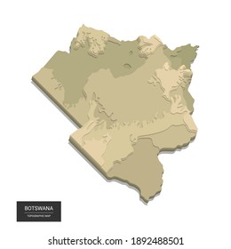 Botswana map - 3D digital high-altitude topographic map. 3D vector illustration. Colored relief, rugged terrain. Cartography and topology.