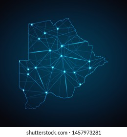 Botswana Map - Abstract geometric mesh polygonal network line, structure and point scales on dark background with lights in the form of cities. Vector illustration eps 10.