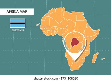 Botswana map in  Africa zoom version, icons showing Botswana location and flags.