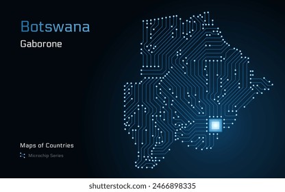 Botswana Map with a capital of Gaborone Shown in a Microchip Pattern with processor. E-government. World Countries vector maps. Microchip Series	
