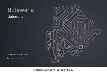 Botswana Map with a capital of Gaborone Shown in a Microchip Pattern with processor. E-government. World Countries vector maps. Microchip Series	
