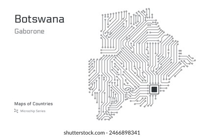 Mapa de Botswana con una capital de Gaborone se muestra en un patrón de microchip con procesador. Gobierno electrónico. Mapas de Vector de Países Mundiales. Serie de microchips	
