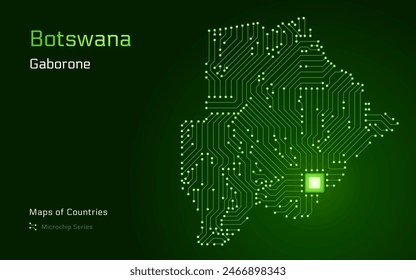 Botswana Map with a capital of Gaborone Shown in a Microchip Pattern with processor. E-government. World Countries vector maps. Microchip Series	
