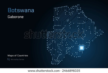 Botswana Map with a capital of Gaborone Shown in a Microchip Pattern with processor. E-government. World Countries vector maps. Microchip Series	
