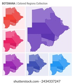 Botswana map collection. Country shape with colored regions. Deep Purple, Red, Pink, Purple, Indigo, Blue color palettes. Border of Botswana with provinces for your infographic. Vector illustration.