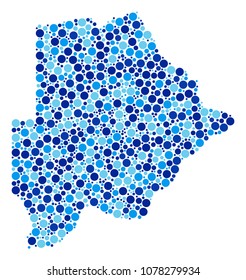 Botswana Map composition of spheric dots in variable sizes and blue color tinges. Randomized dots are grouped into Botswana Map composition. Vector geographical blue map design concept.