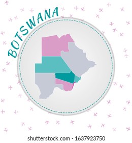 Botswana map design. Map of the country with regions in emerald-amethyst color palette. Rounded travel to Botswana poster with country name and airplanes background. Charming vector illustration.