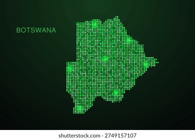 Botswana Map - Digital dotted map with glowing green points on dark background, modern technology style, abstract data network design, clean minimal geometric vector illustration.
