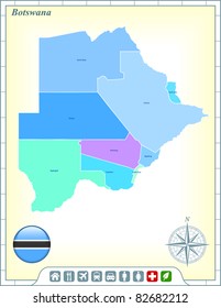 Botswana Map with Flag Buttons and Assistance & Activates Icons Original Illustration