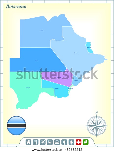 Botswana Map with Flag Buttons and\
Assistance & Activates Icons Original\
Illustration