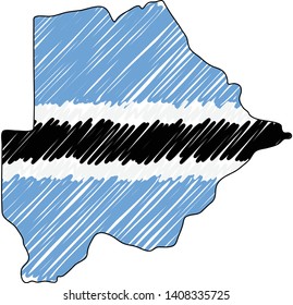 Botswana map hand drawn sketch. Vector concept illustration flag, childrens drawing, scribble map. Country map for infographic, brochures and presentations isolated on white background. Vector