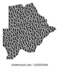 Botswana map mosaic of dollar signs and spheric dots in different sizes. Abstract vector economics and GDP Botswana map. Money signs and round dots are grouped into geography plan vector illustration.