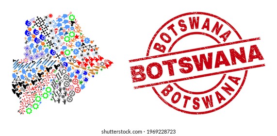 Botswana map mosaic and unclean Botswana red circle badge. Botswana badge uses vector lines and arcs. Botswana map mosaic contains gears, homes, screwdrivers, bugs, stars, and more symbols.