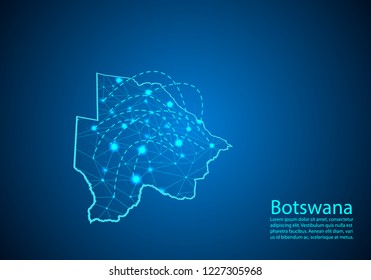 botswana map with nodes linked by lines. concept of global communication and business. Dark botswana map created from white dots with travel locations or internet connection.
