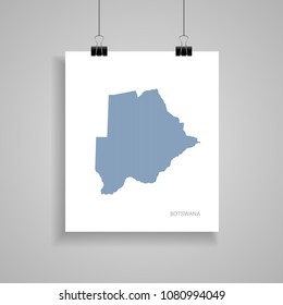 Botswana map poster. Blue vector map on piece of paper with paper clip on a gray background. 