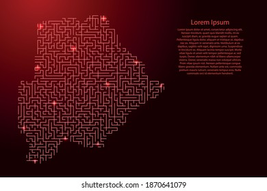 Botswana map from red pattern of the maze grid and glowing space stars grid. Vector illustration.