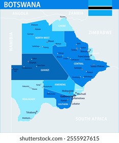 Botswana Map Vector Blue Spot - Customizable layered political map of Botswana with administrative divisions for website, education, reports, news, politics, print, poster and wallpaper