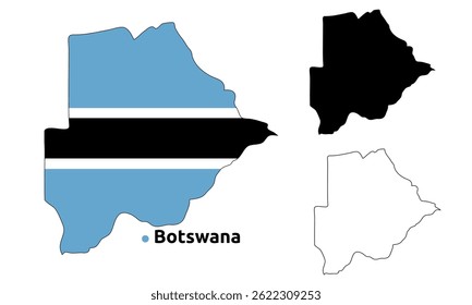 Botswana Map Vektor - Länderkontur, Flag Inside Map, Blank und Silhouette Version