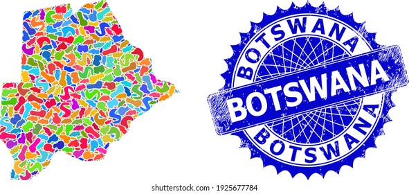Botswana map vector image. Blot collage and grunge stamp and Botswana map. Sharp rosette blue stamp with text and Botswana map. Collage vector Botswana map design of randomized bright blots.